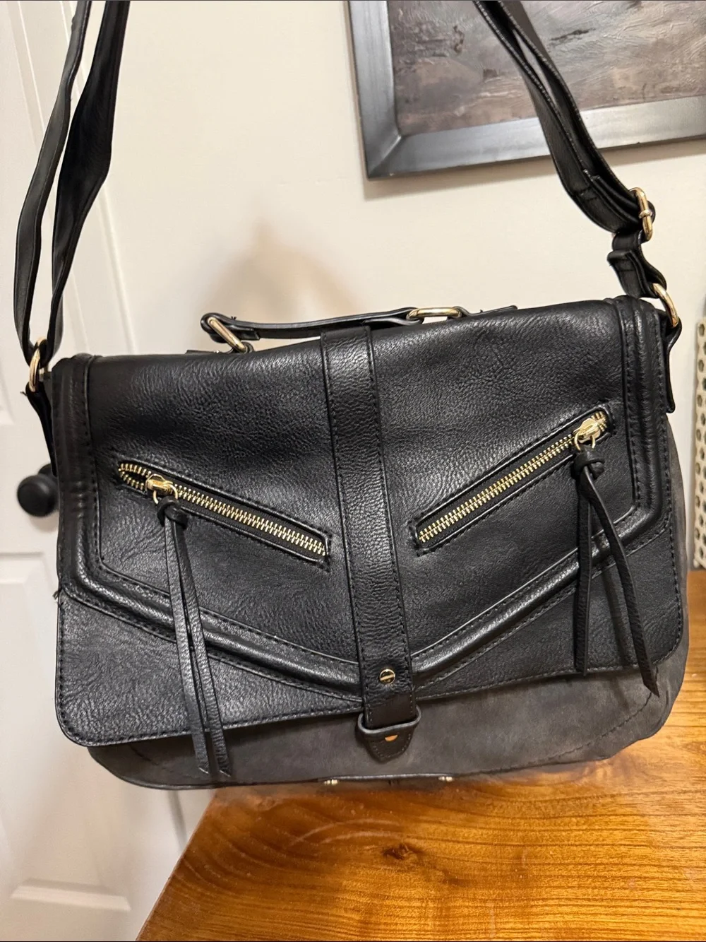 Black Women's Leather Messenger Bag with Gold Hardware